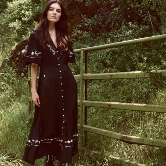 The Great. The Western Bridge Embroidered Satin Midi Dress Black Small Size:1 - Picture 15 of 16